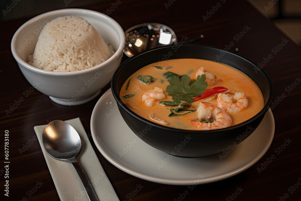a bowl of tom yam soup with a side of thai sticky rice, created with generative ai a bowl of tom yam soup with a side of thai sticky rice, created with generative ai