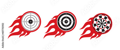 Vector set of three burning circular targets for shooting. Isolated on white background.
