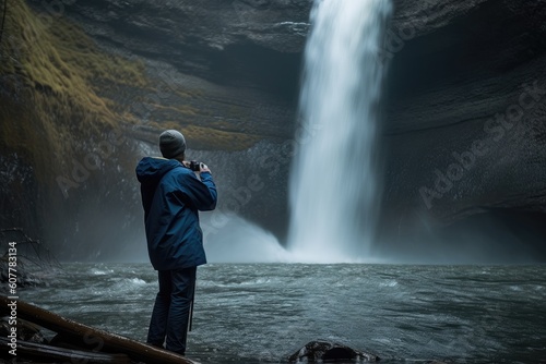 person  capturing the power and beauty of a waterfall  with camera in hand  created with generative ai