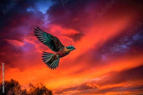 colorful bird flying through vibrant sunset sky, created with generative ai