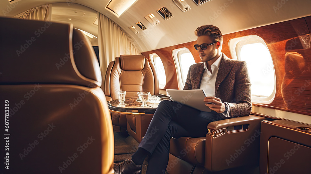 Smiling businessman looking at window in private plane. Business jet interior. Generative AI Smiling businessman looking at window in private plane. Business jet interior. Generative AI