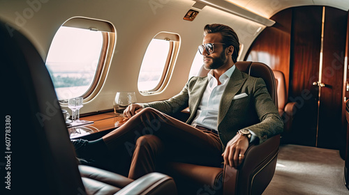 Fotografie, Obraz Smiling businessman looking at window in private plane