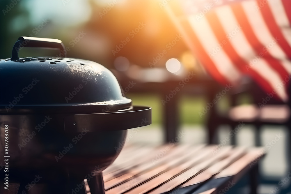 Barbecue on Independence Day in the USA on the background of the flag. Generative AI tehnology - obrazy, fototapety, plakaty 