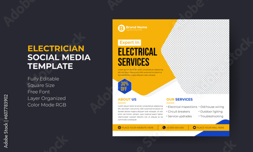 Electrician Service social media ads template design. For web ads, electrical team flyer design.	
