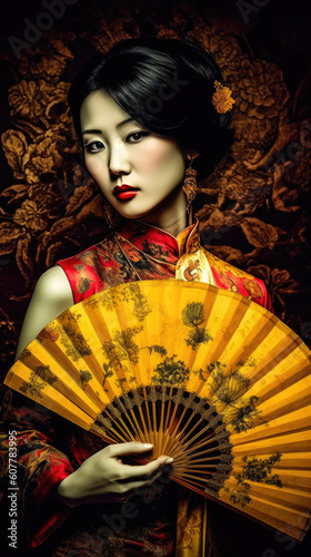 Chinese girl in a golden dress holding a fan. Generative AI
