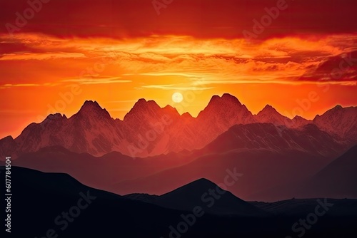majestic mountain range  with fiery sunset in the background and silhouettes of peaks  created with generative ai