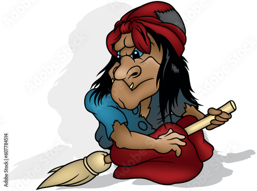An Ugly Witch in Torn Clothes Sits on a Broom