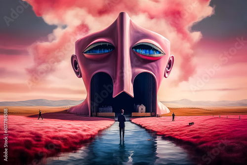 Porte d'entrée bizarre en forme de tête au milieu du désert - Générative iA