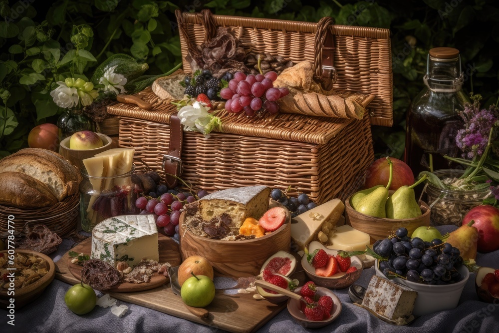 picnic basket overflowing with delicious delights, ready for a feast, created with generative ai
