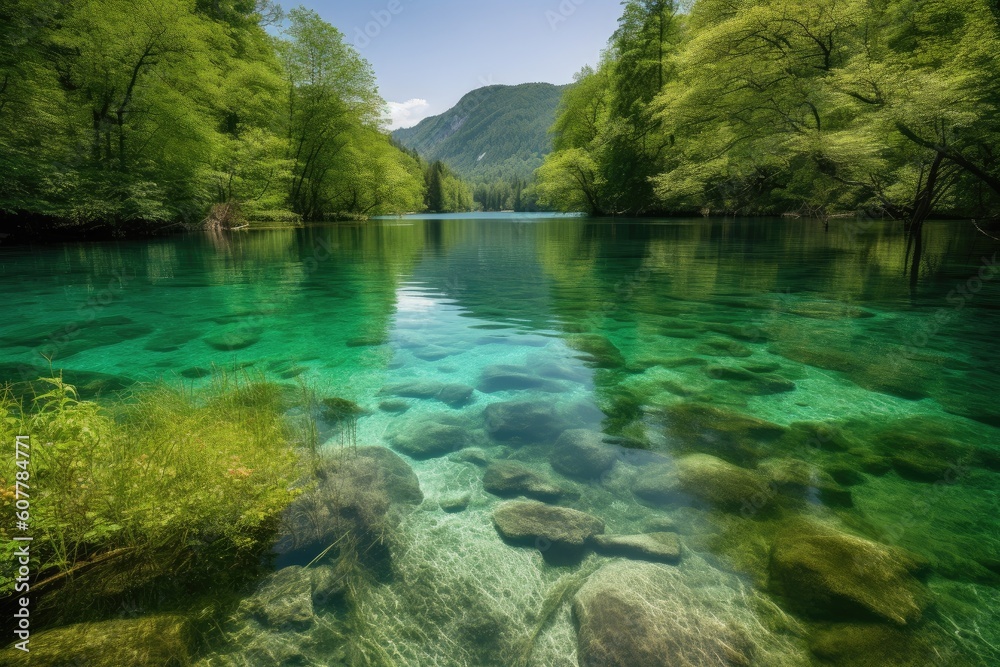 crystal-clear lake surrounded by lush greenery, with a view of the mountains in the distance, created with generative ai