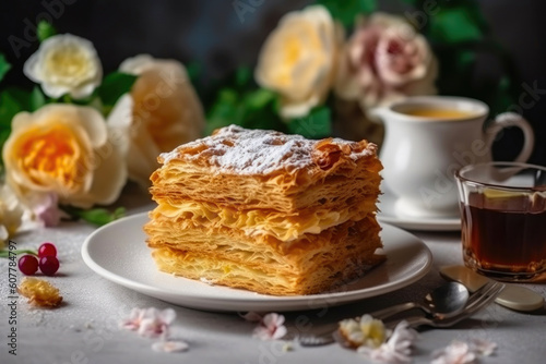Indulgent Delights: Napoleon Cake and Coffee. Generative AI