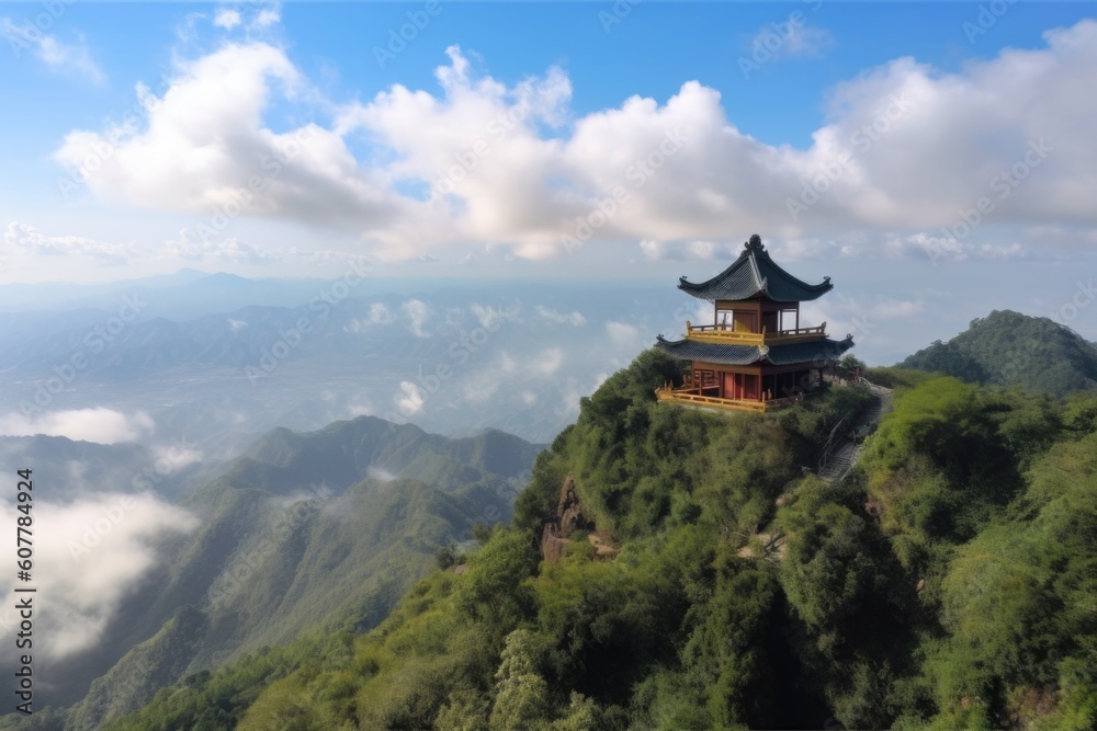 chinese pagoda overlooking vast expanse of misty mountains, with clear blue skies and white clouds, created with generative ai