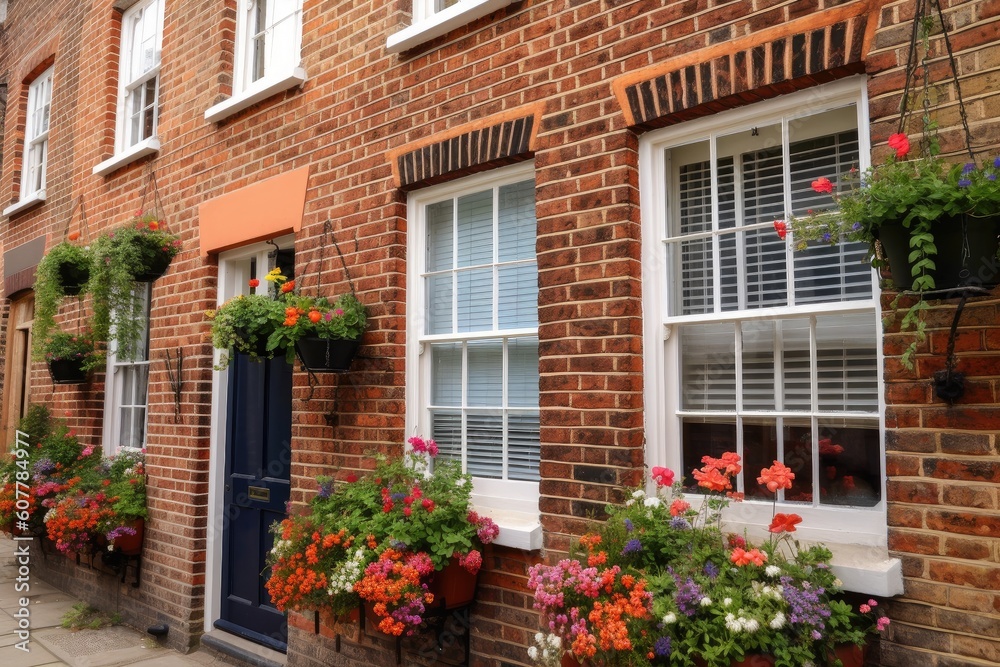 exposed brick exterior with traditional shutters and hanging baskets in the window, created with generative ai