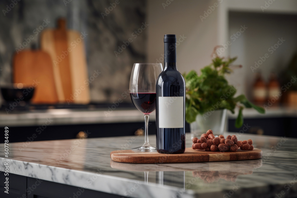 Indulge in Red Wine Serenity in a White Kitchen. Generative AI