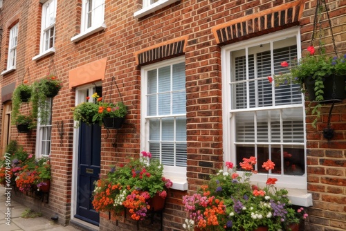 exposed brick exterior with traditional shutters and hanging baskets in the window  created with generative ai