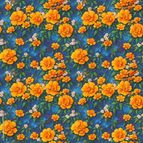 Seamless floral pattern with Marigold flowers, tileable, Generative AI