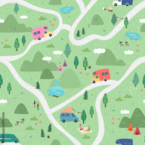 Road trip seamless pattern, doodle camper vans, vanlife, adventure - great for textiles, banners, wallpapers - vector design