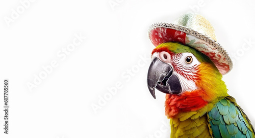 Сolorful parrot in hat isolated on white background