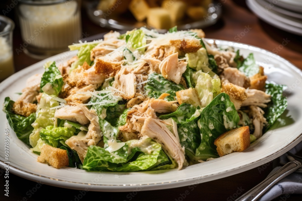 shredded chicken, croutons, and caesar dressing on bed of romaine lettuce, created with generative ai shredded chicken, croutons, and caesar dressing on bed of romaine lettuce, created with generative ai