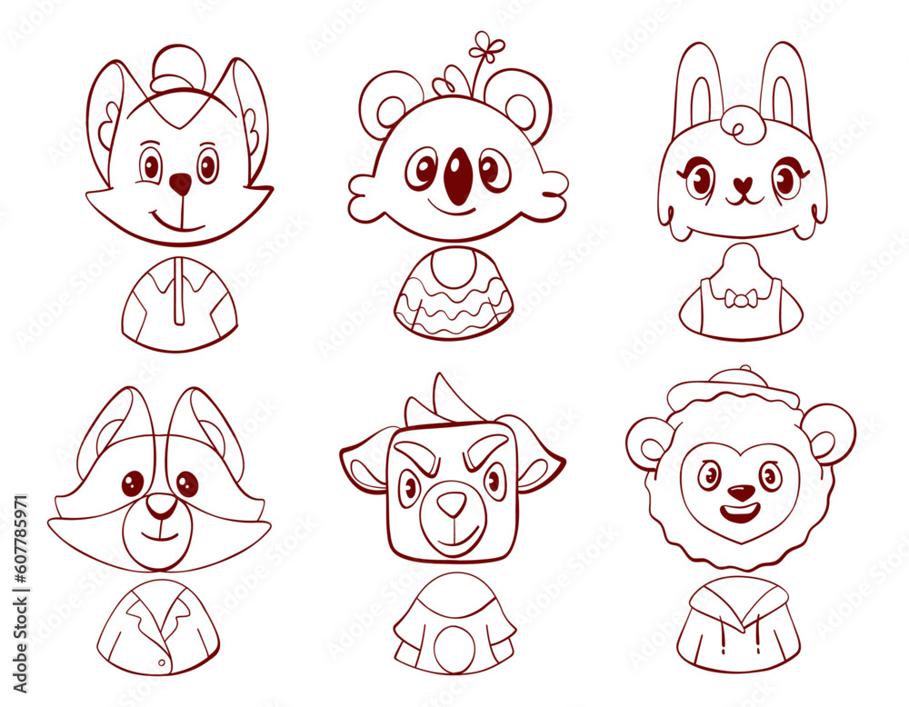Vector avatar stickers with cute cartoon animal characters in line style: lion, rabbit, cat, dog, raccoon and koala.