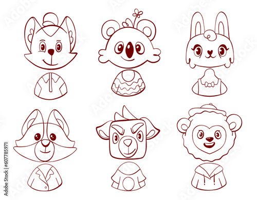 Vector avatar stickers with cute cartoon animal characters in line style: lion, rabbit, cat, dog, raccoon and koala.