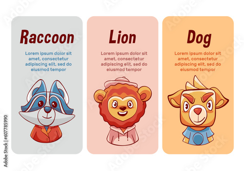 Vector cards of cute cartoon raccoon, lion and dog.