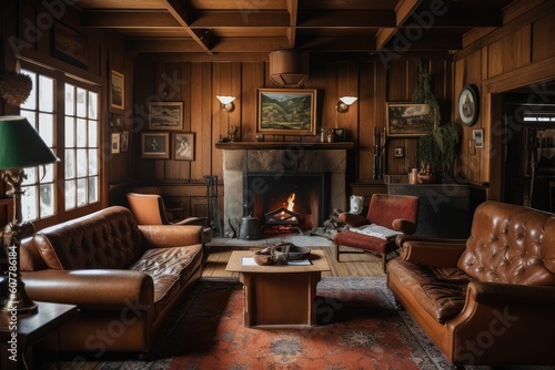 a cozy living room with wood-paneled walls, fireplace, and leather furniture, created with generative ai © Alfazet Chronicles