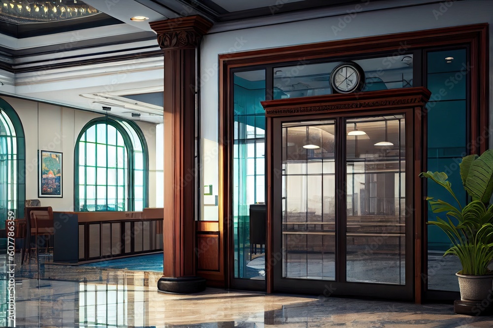 a set of glass doors, with a view of the hotel lobby and check-in counter, created with generative ai a set of glass doors, with a view of the hotel lobby and check-in counter, created with generative ai