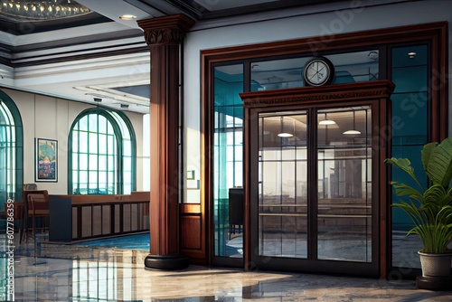 a set of glass doors, with a view of the hotel lobby and check-in counter, created with generative ai