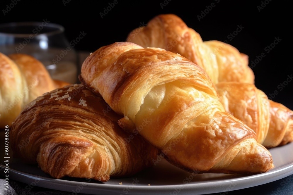 plate of croissants, warm and flaky on the inside and golden brown on the outside, created with generative ai plate of croissants, warm and flaky on the inside and golden brown on the outside, created with generative ai