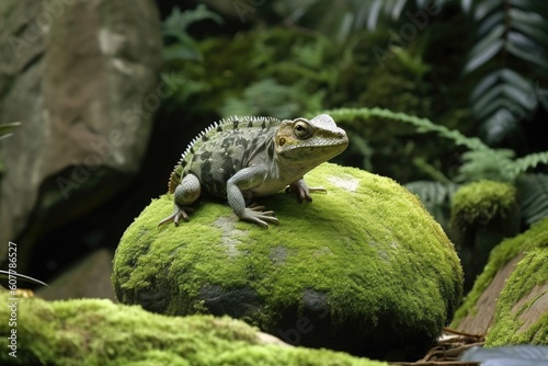 exotic pet with moss-covered rock in natural forest setting  created with generative ai