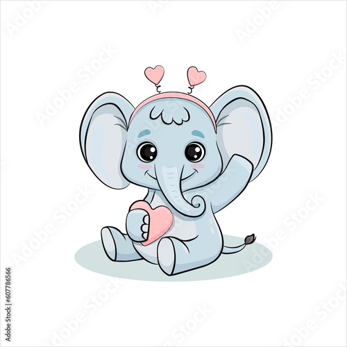  Cute Cartoon Elephant with pink heart isolated on a white background.