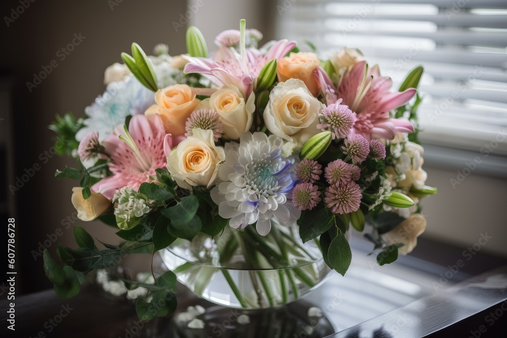 pastel flower bouquet arranged in crystal vase, created with generative ai