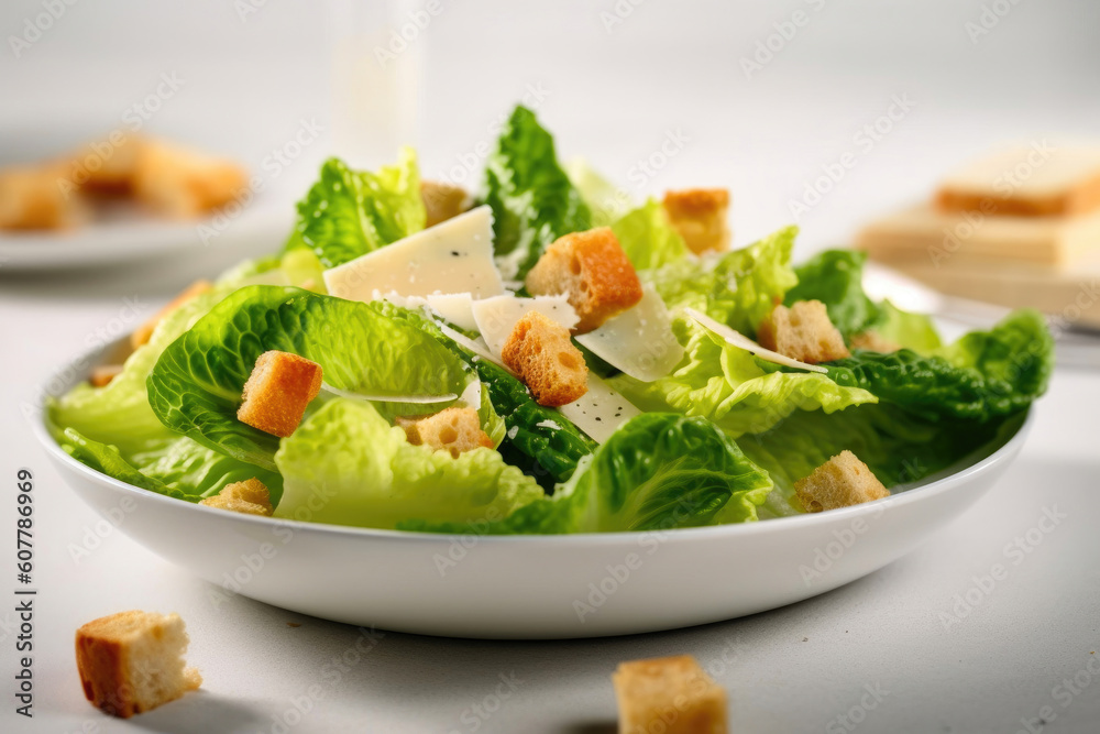 Elegant Caesar Salad on White Table. Generative AI Elegant Caesar Salad on White Table. Generative AI