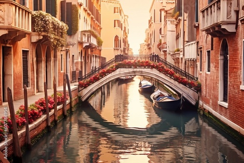 Enchanting Canal in Venice, Italy Adorned with a Picturesque Bridge. AI © Usmanify