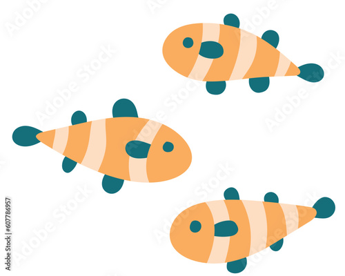 Set of simple fish cloun with fins. decorative elements of marine animals, underwater fauna