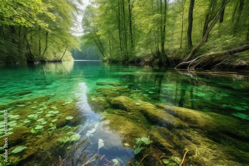 crystal-clear lake surrounded by lush  green forest  created with generative ai