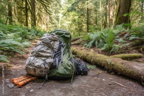 backpacking trip with tent, backpack, and hiking gear on the trail, created with generative ai
