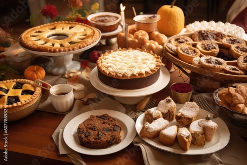 table setting with a variety of holiday pastries, pies, and cakes, created with generative ai