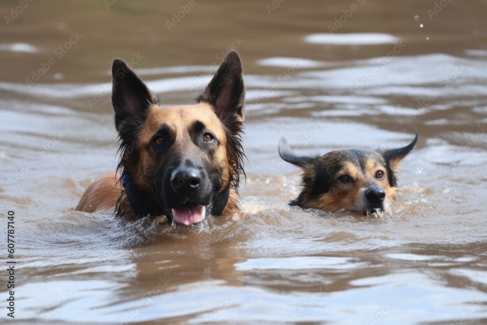 dog and cat heroes jumping into the water to rescue swimmer in distress, created with generative ai dog and cat heroes jumping into the water to rescue swimmer in distress, created with generative ai