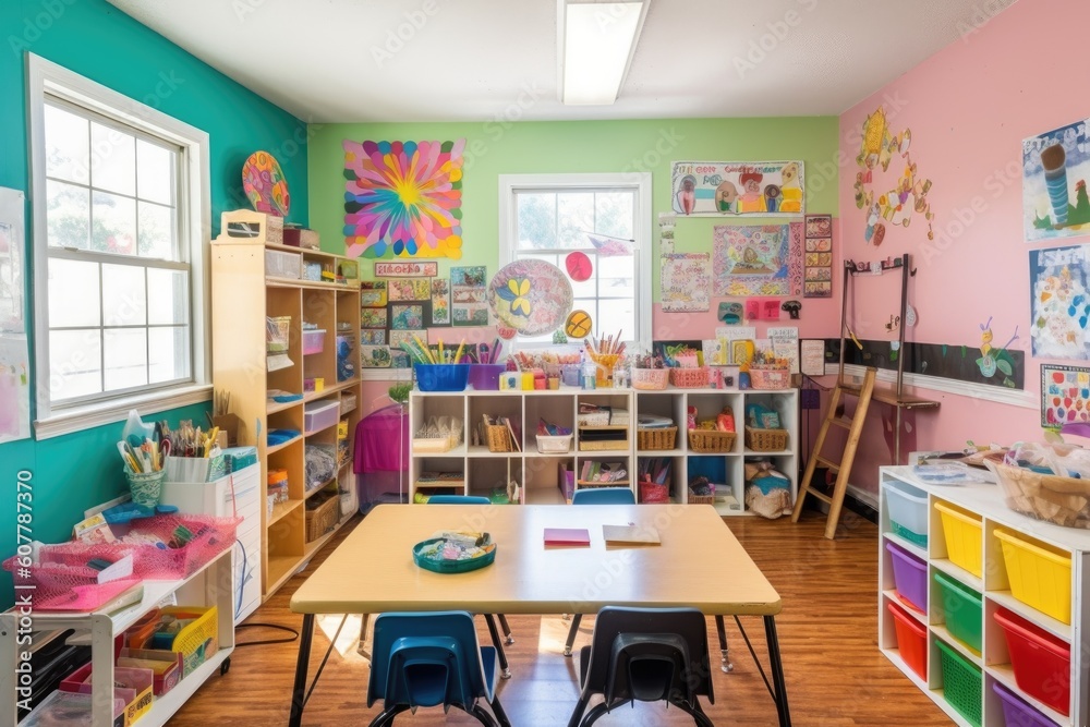 colorful classroom with arts and crafts supplies, books, and notebooks for young students, created with generative ai colorful classroom with arts and crafts supplies, books, and notebooks for young students, created with generative ai