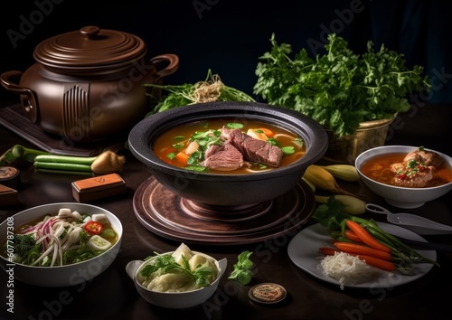 bowl of beef broth served with a variety of side dishes and garnishes