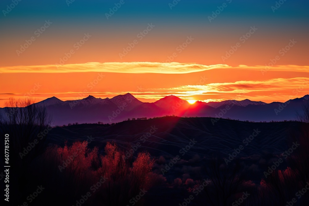 majestic mountain range with fiery sunset in the background and clear blue skies, created with generative ai majestic mountain range with fiery sunset in the background and clear blue skies, created with generative ai