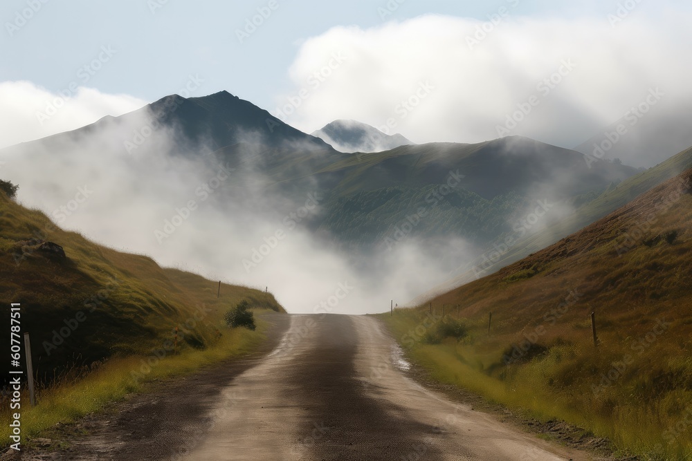 remote mountain road, surrounded by clouds and mist, with view of distant peaks, created with generative ai remote mountain road, surrounded by clouds and mist, with view of distant peaks, created with generative ai