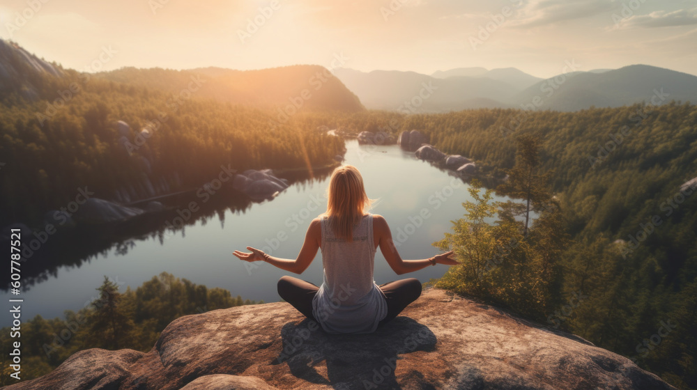 woman doing yoga on nature. meditation and contemplation. generative ai