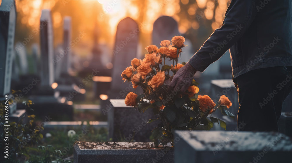 person leaving flowers on cemetery grave in memorial. generative ai ...