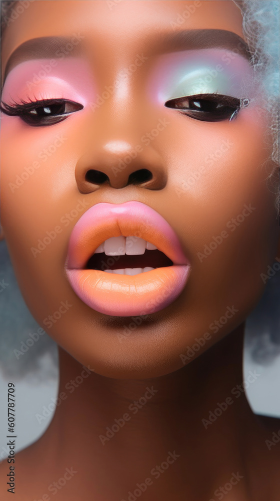 Vibrant Multiracial Model Flaunting Pastel Lipstick in Fashion Shoot. Generative AI