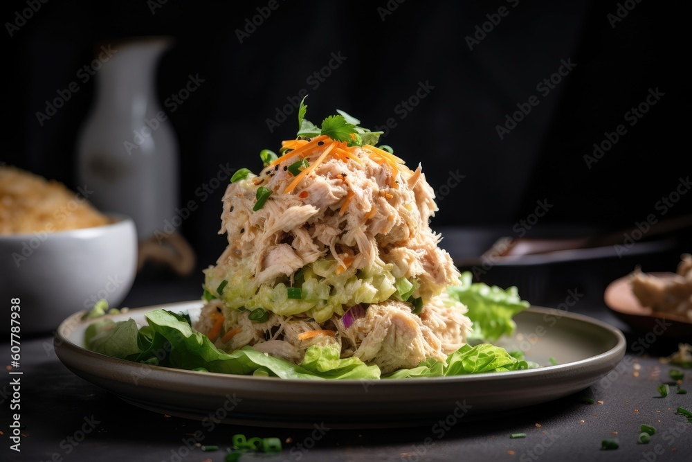 stack of crisp lettuce leaves topped with creamy tuna salad, created with generative ai stack of crisp lettuce leaves topped with creamy tuna salad, created with generative ai