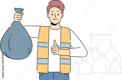 Foto Man collector with plastic bag with waste