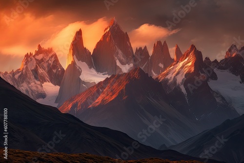 majestic mountain range, with the sun setting behind the peaks, casting a warm glow across the mountains, created with generative ai